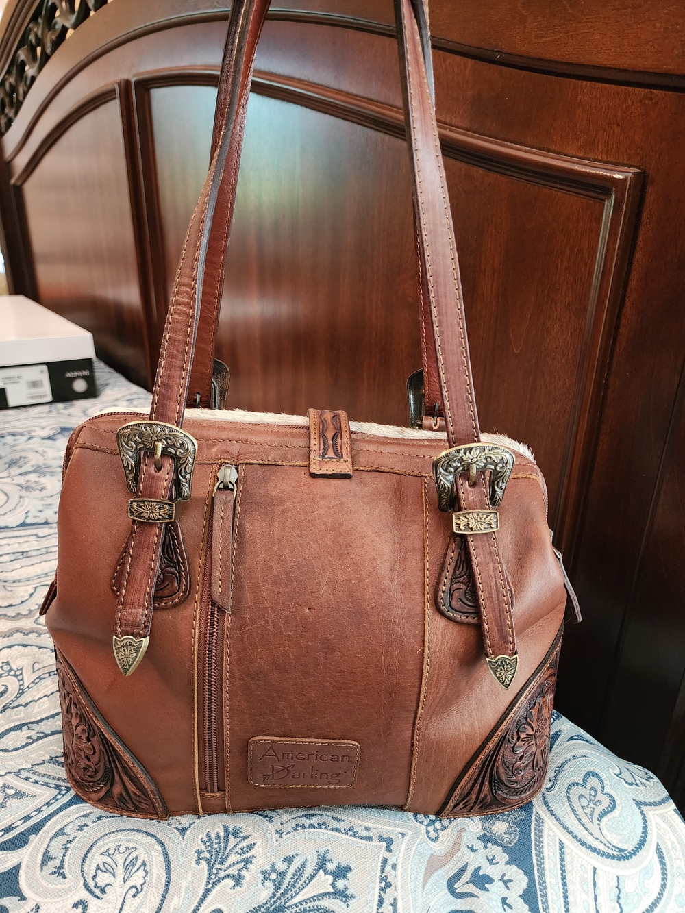 American Darling Brown Haircalf Tote with Tooled Leather Trim - Picture 3 of 16